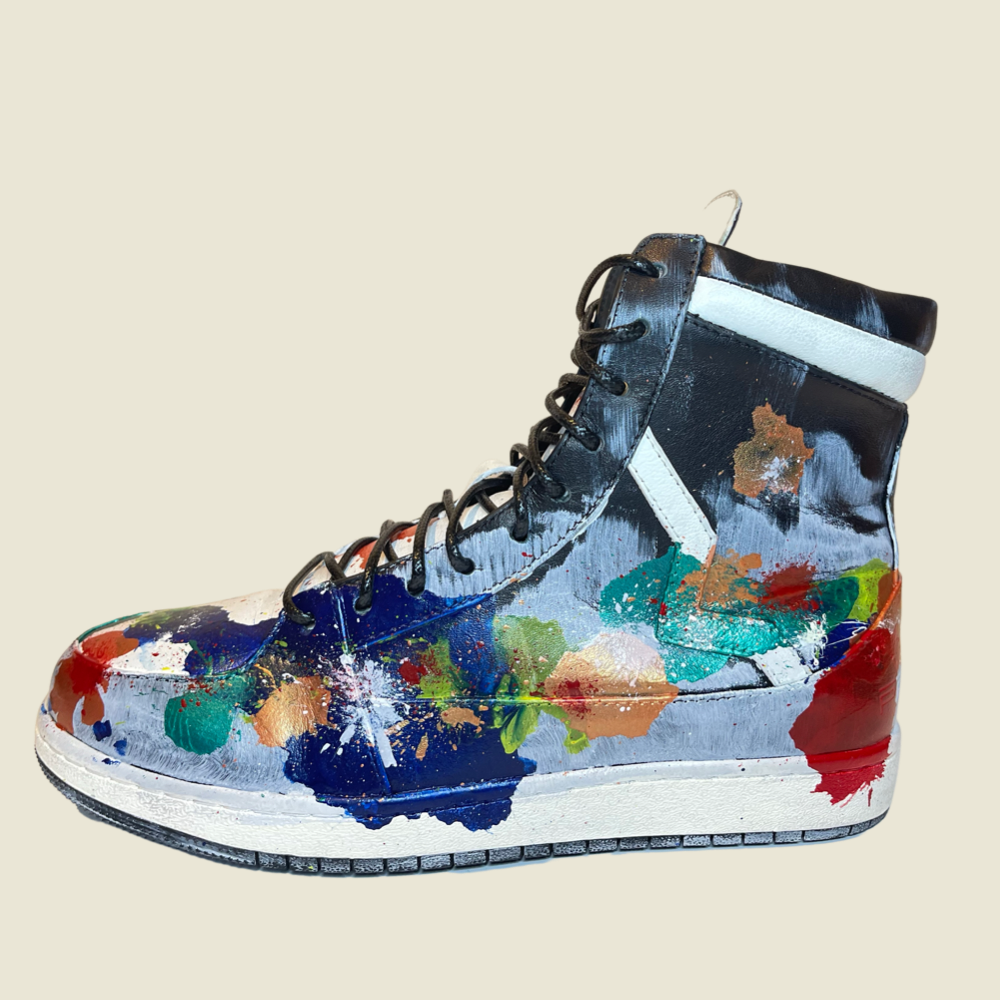 Hand Painted Sneakers the Valley High by PRSVR is Fashion Art as we used our spotted camouflage paint style for our custom sneakers.