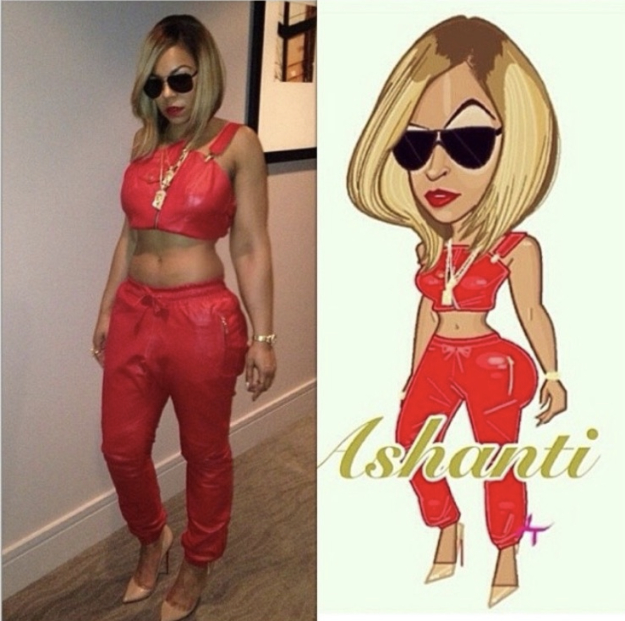 Ashanti in Red Leather Crop Top and Track Pants