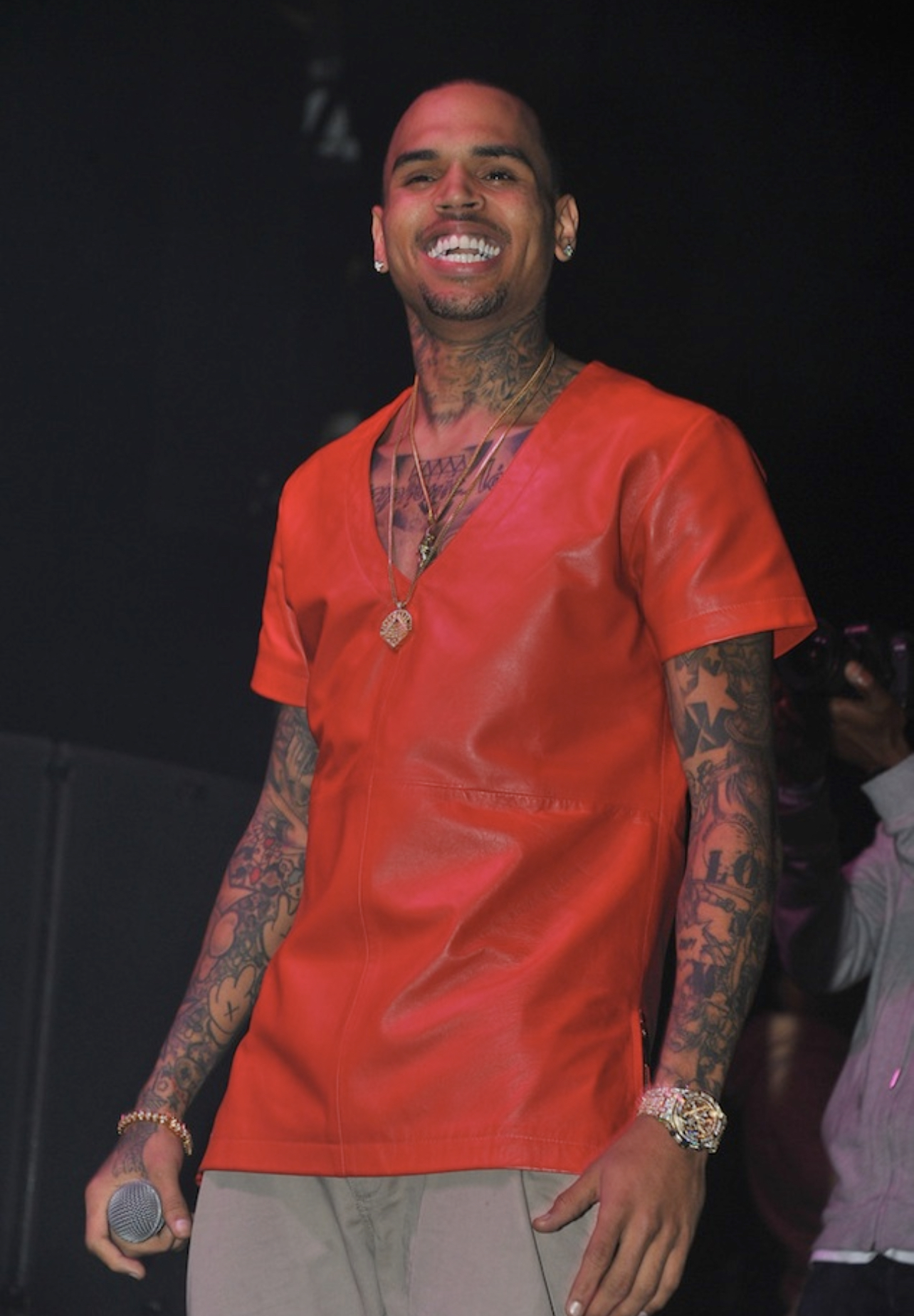 Chris Brown in Red Leather V Neck