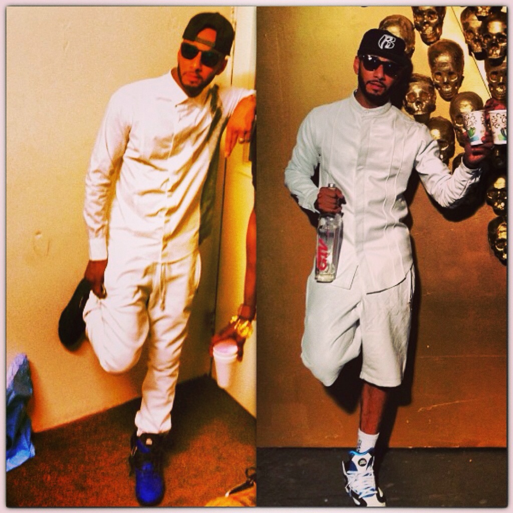 Swizz Beatz in White Luxury Track Pants and Leather Shorts