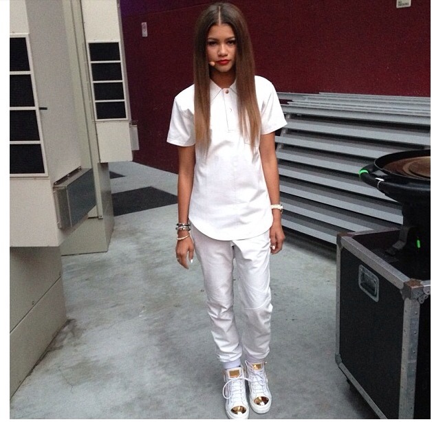 Zendaya in White Leather Polo and Luxury Track Pants